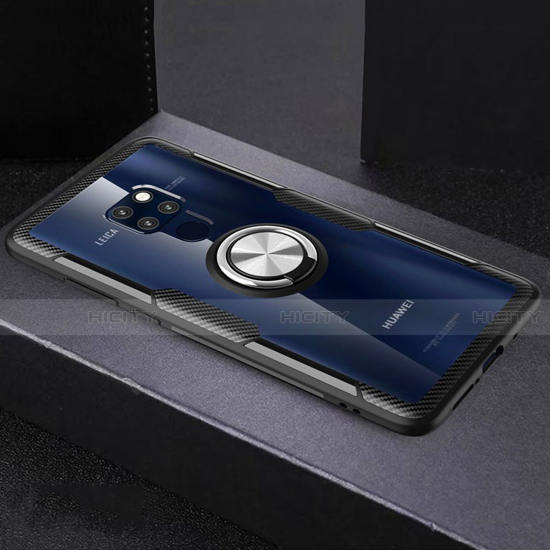 Huawei Mate 20用360度 フルカバーハイブリットバンパーケース クリア透明 プラスチック 鏡面 アンド指輪 マグネット式 ファーウェイ シルバー・ブラック