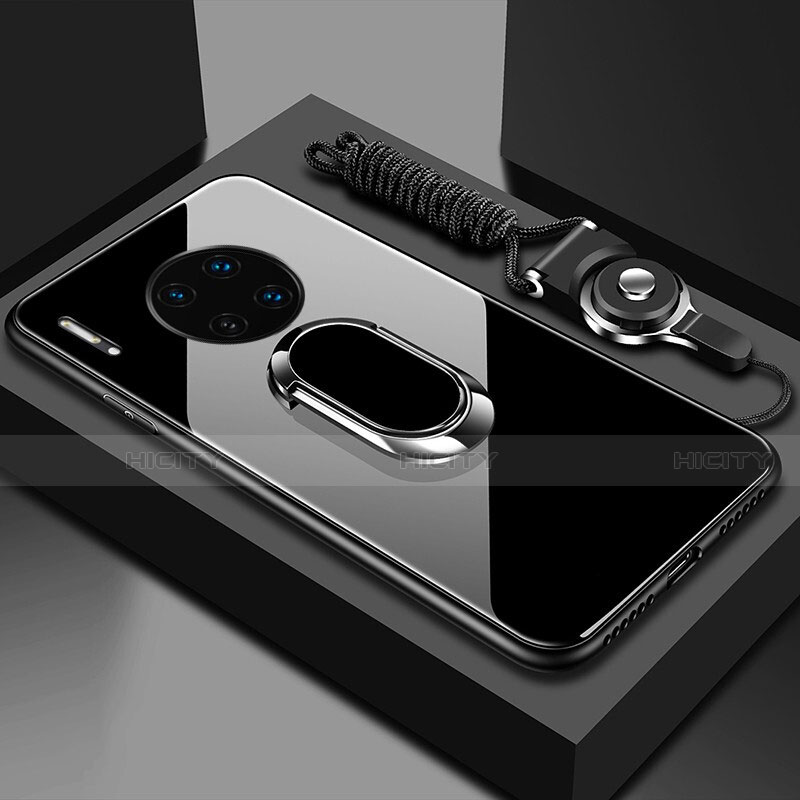 Huawei Mate 30 5G用ハイブリットバンパーケース プラスチック 鏡面 カバー アンド指輪 マグネット式 T01 ファーウェイ ブラック
