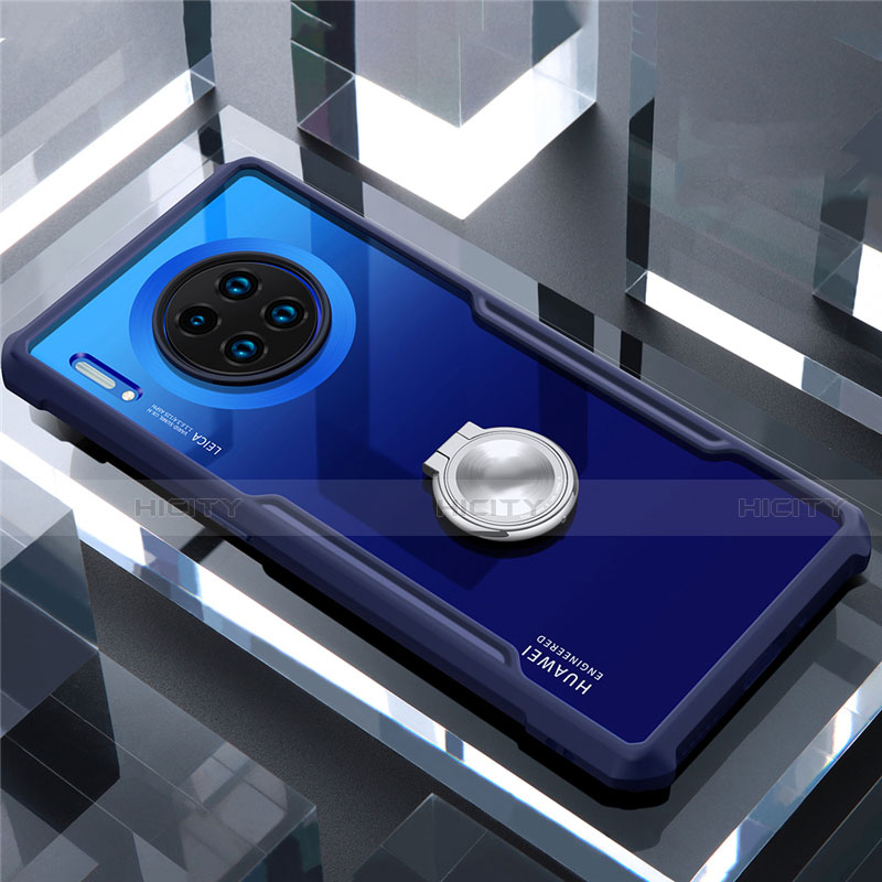 Huawei Mate 30用360度 フルカバーハイブリットバンパーケース クリア透明 プラスチック 鏡面 アンド指輪 マグネット式 ファーウェイ ネイビー
