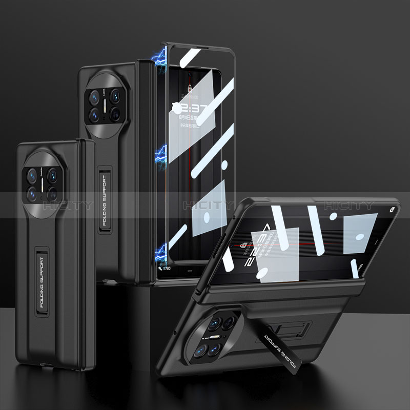 Huawei Mate X3用ハイブリットバンパーケース 高級感 手触り良いレザー柄 兼プラスチック B11H ファーウェイ ブラック