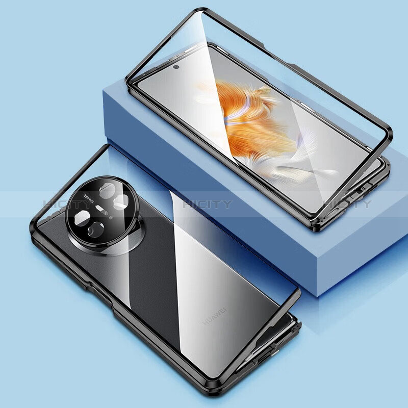 Huawei Mate X3用ケース 高級感 手触り良い アルミメタル 製の金属製 360度 フルカバーバンパー 鏡面 カバー P01 ファーウェイ ブラック