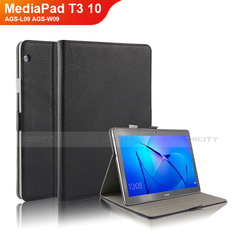 Huawei MediaPad T3 10 AGS-L09 AGS-W09用手帳型 レザーケース スタンド ファーウェイ ブラック