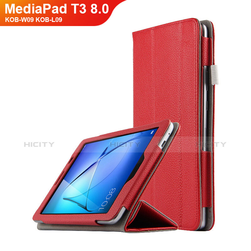 Huawei MediaPad T3 8.0 KOB-W09 KOB-L09用手帳型 レザーケース スタンド L02 ファーウェイ レッド