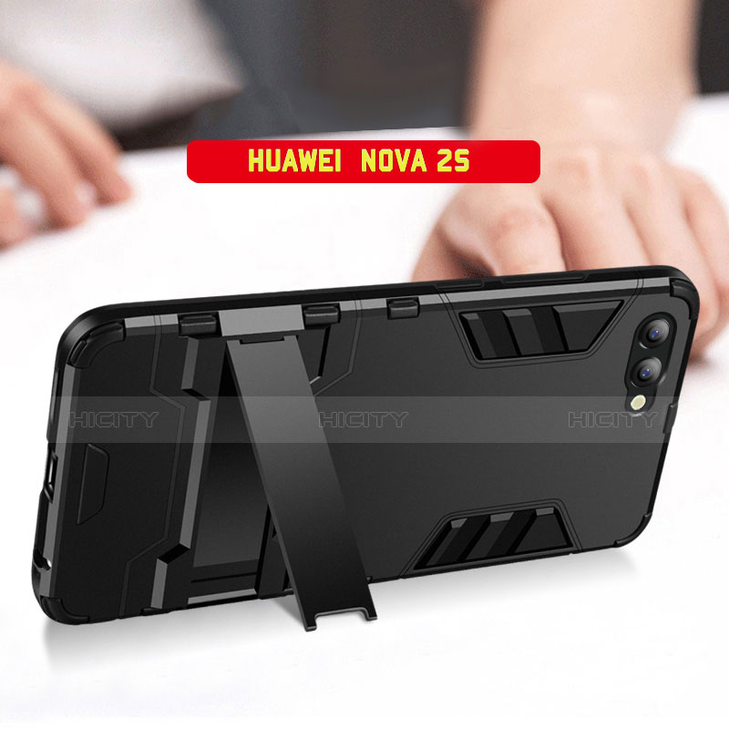 Huawei Nova 2S用ハイブリットバンパーケース スタンド プラスチック 兼シリコーン R01 ファーウェイ ブラック