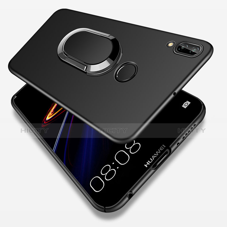 Huawei Nova 3e用ハードケース プラスチック 質感もマット アンド指輪 亦 ひも ファーウェイ ブラック