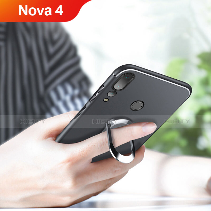 Huawei Nova 4用極薄ソフトケース シリコンケース 耐衝撃 全面保護 アンド指輪 マグネット式 ファーウェイ ブラック