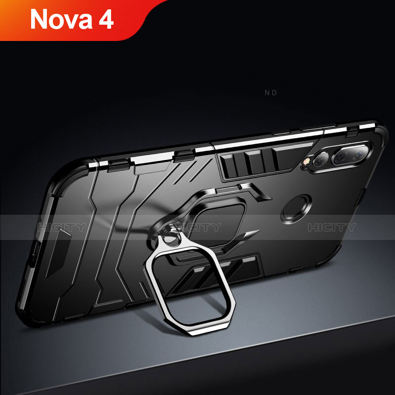 Huawei Nova 4用ハイブリットバンパーケース スタンド プラスチック 兼シリコーン ファーウェイ ブラック