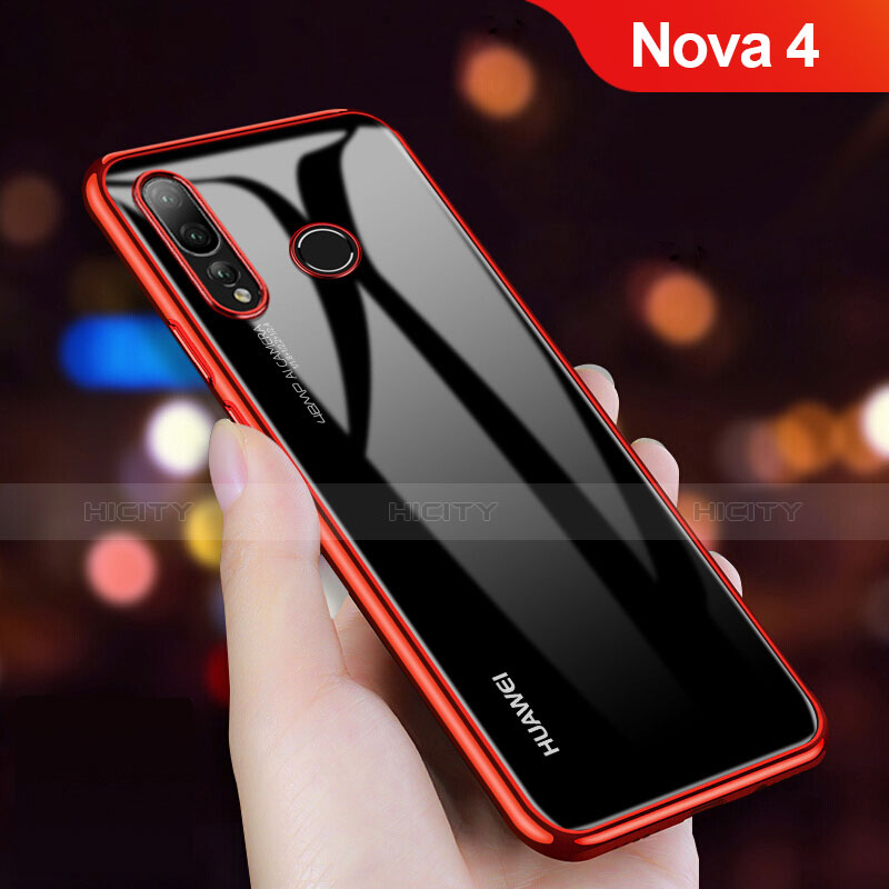 Huawei Nova 4用極薄ソフトケース シリコンケース 耐衝撃 全面保護 クリア透明 T11 ファーウェイ レッド