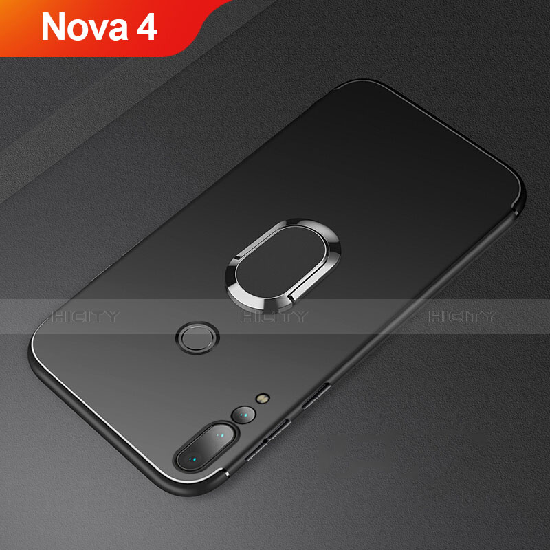 Huawei Nova 4用極薄ソフトケース シリコンケース 耐衝撃 全面保護 アンド指輪 マグネット式 バンパー A01 ファーウェイ ブラック
