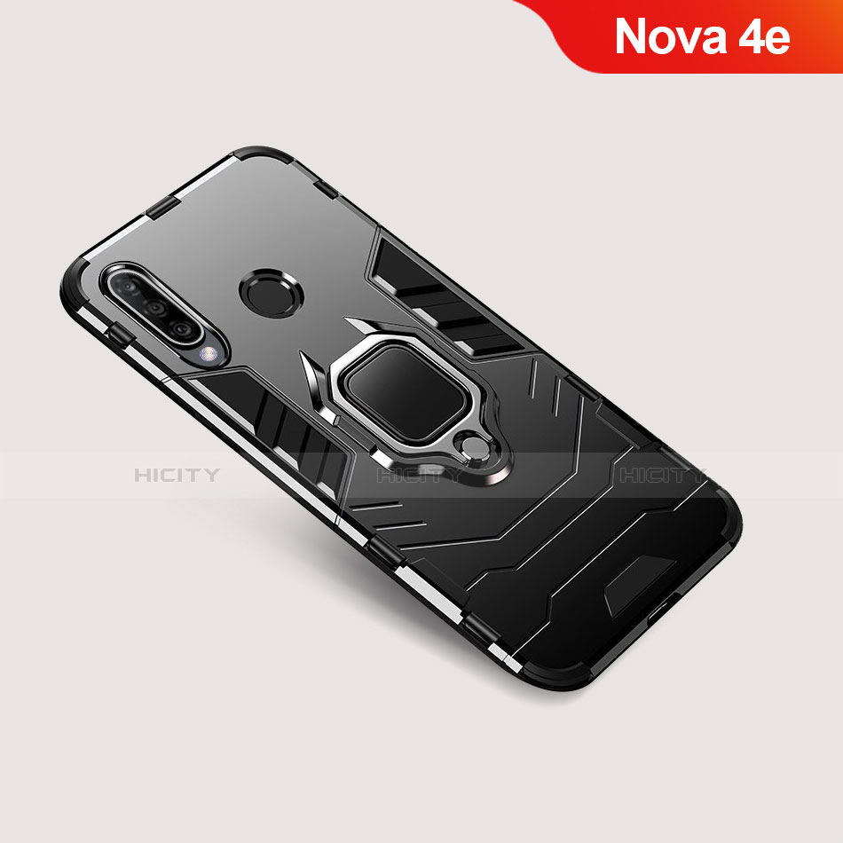 Huawei Nova 4e用ハイブリットバンパーケース スタンド プラスチック 兼シリコーン カバー ファーウェイ ブラック