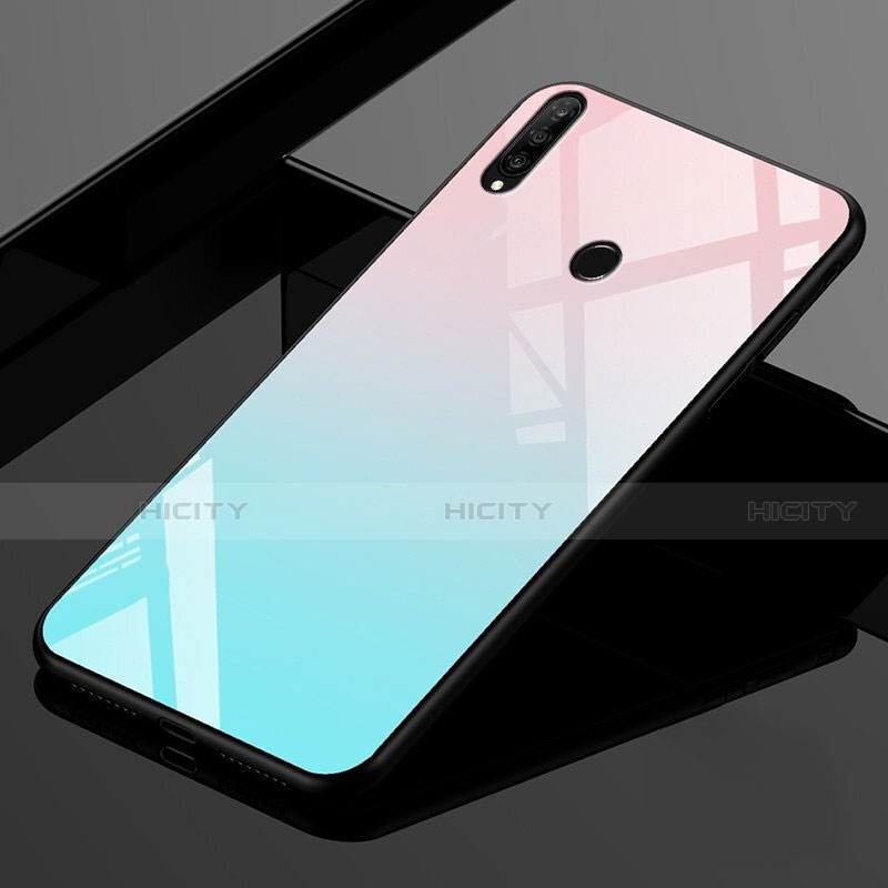 Huawei Nova 4e用ハイブリットバンパーケース プラスチック 鏡面 虹 グラデーション 勾配色 カバー ファーウェイ シアン