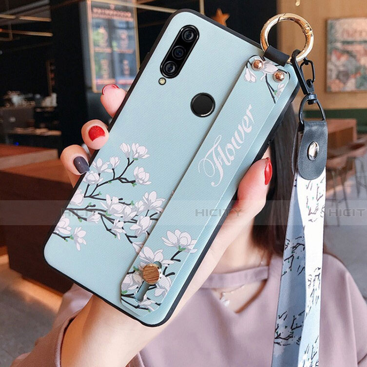 Huawei Nova 4e用シリコンケース ソフトタッチラバー 花 カバー K02 ファーウェイ シアン