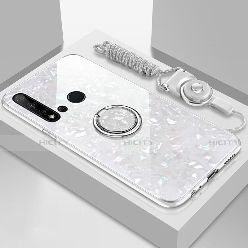 Huawei Nova 5i用ハイブリットバンパーケース プラスチック 鏡面 カバー アンド指輪 マグネット式 T02 ファーウェイ ホワイト