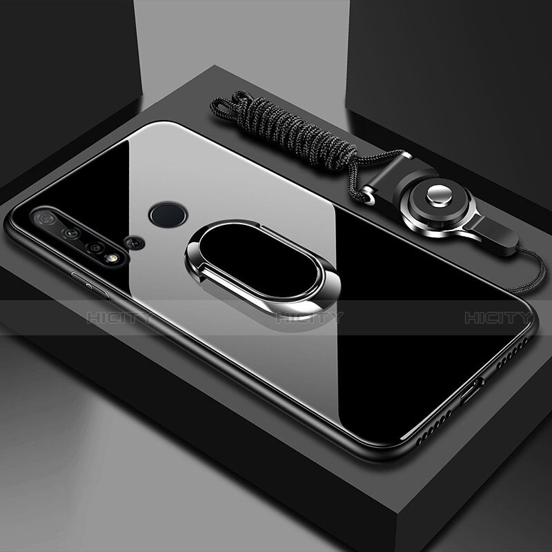 Huawei Nova 5i用ハイブリットバンパーケース プラスチック 鏡面 カバー アンド指輪 マグネット式 T01 ファーウェイ ブラック