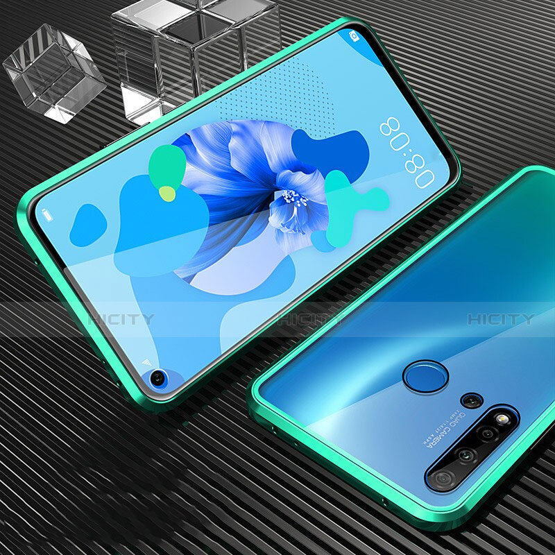 Huawei Nova 5i用ケース 高級感 手触り良い アルミメタル 製の金属製 360度 フルカバーバンパー 鏡面 カバー T03 ファーウェイ シアン