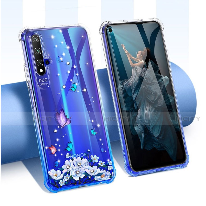 Huawei Nova 5T用極薄ソフトケース シリコンケース 耐衝撃 全面保護 クリア透明 花 ファーウェイ ネイビー