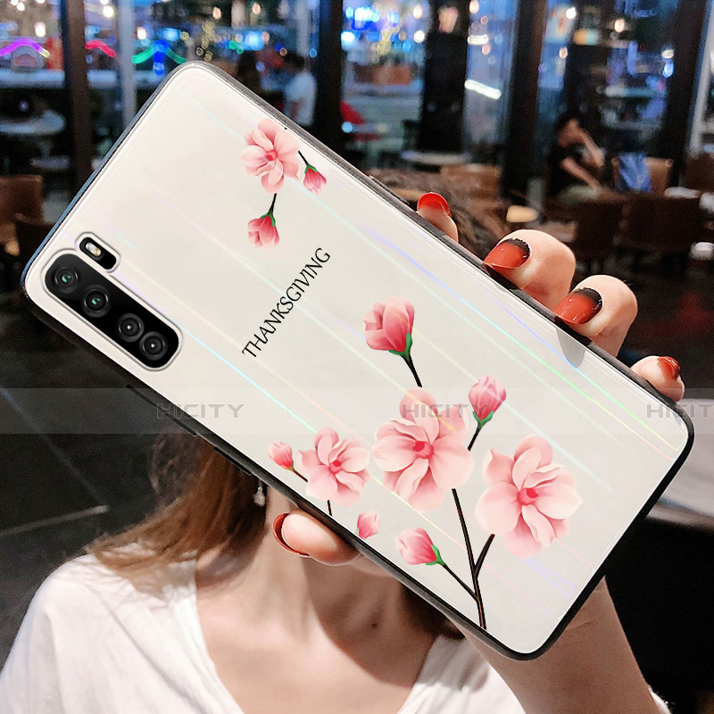 Huawei Nova 7 SE 5G用ハイブリットバンパーケース プラスチック 鏡面 花 カバー ファーウェイ ピンク