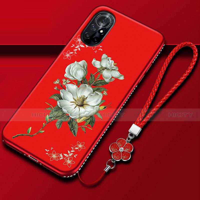 Huawei Nova 8 5G用シリコンケース ソフトタッチラバー 花 カバー ファーウェイ レッド