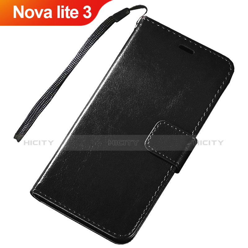 Huawei Nova Lite 3用手帳型 レザーケース スタンド カバー ファーウェイ ブラック