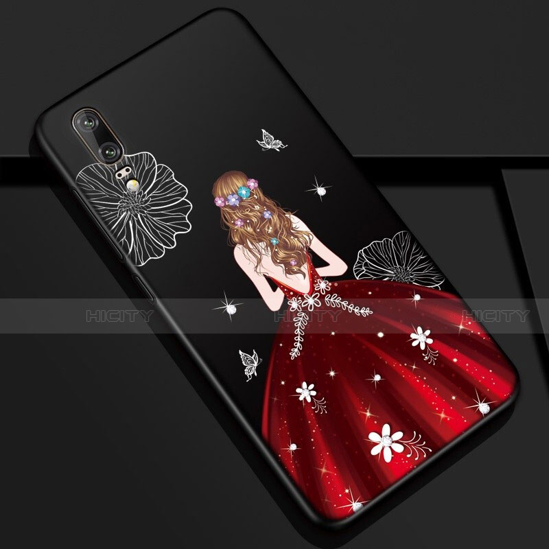 Huawei P20用シリコンケース ソフトタッチラバー バタフライ ドレスガール ドレス少女 カバー K01 ファーウェイ レッド・ブラック