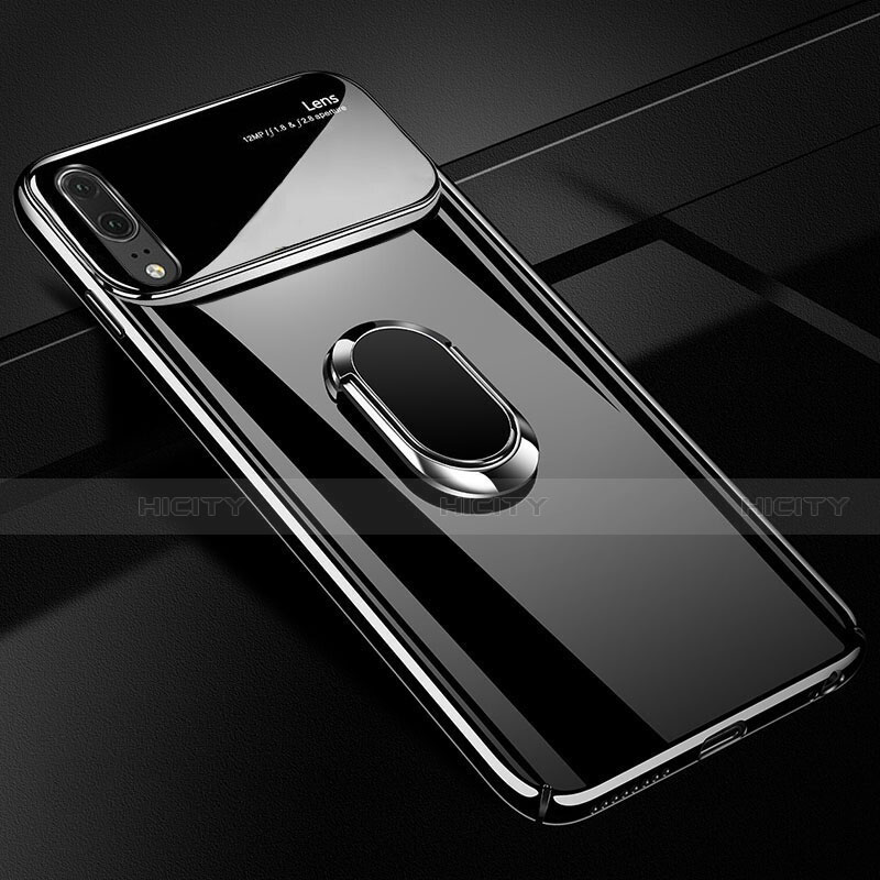 Huawei P20用ハードケース プラスチック 質感もマット アンド指輪 マグネット式 P01 ファーウェイ ブラック