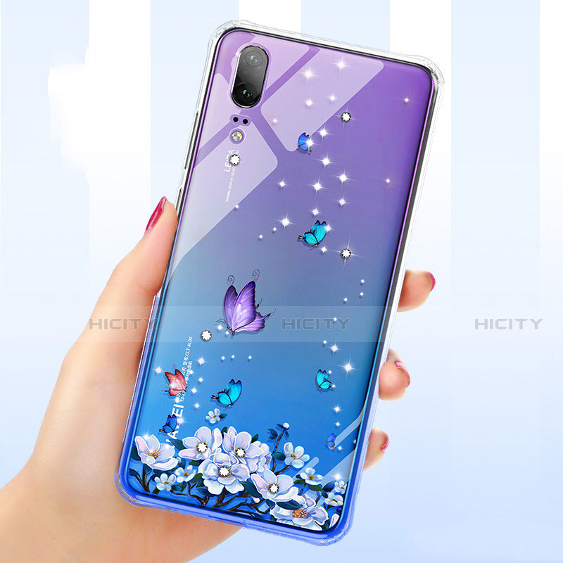 Huawei P20用極薄ソフトケース シリコンケース 耐衝撃 全面保護 クリア透明 花 ファーウェイ パープル