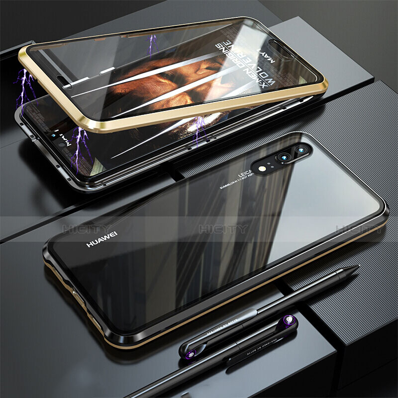 Huawei P20用ケース 高級感 手触り良い アルミメタル 製の金属製 360度 フルカバーバンパー 鏡面 カバー T02 ファーウェイ ゴールド
