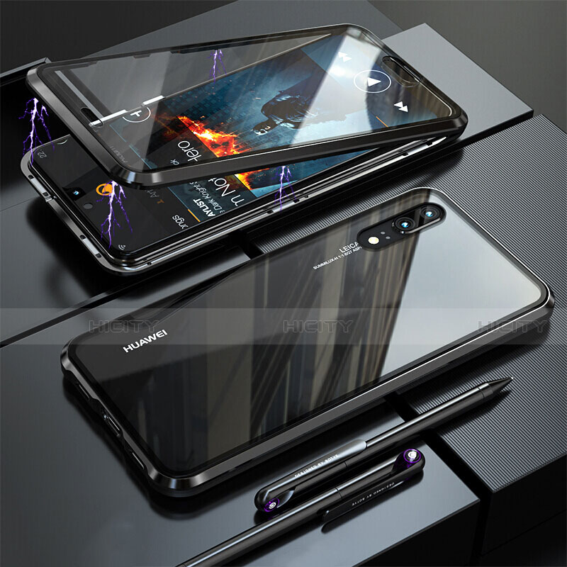 Huawei P20用ケース 高級感 手触り良い アルミメタル 製の金属製 360度 フルカバーバンパー 鏡面 カバー T02 ファーウェイ ブラック