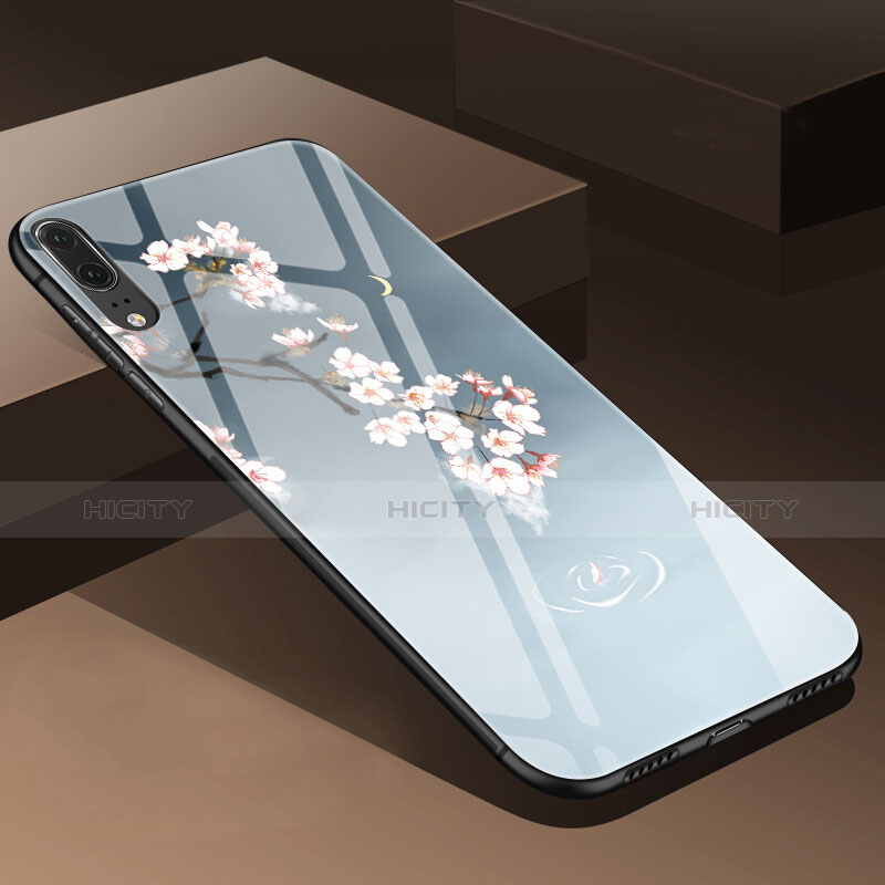 Huawei P20用ハイブリットバンパーケース プラスチック 鏡面 花 カバー P01 ファーウェイ グレー