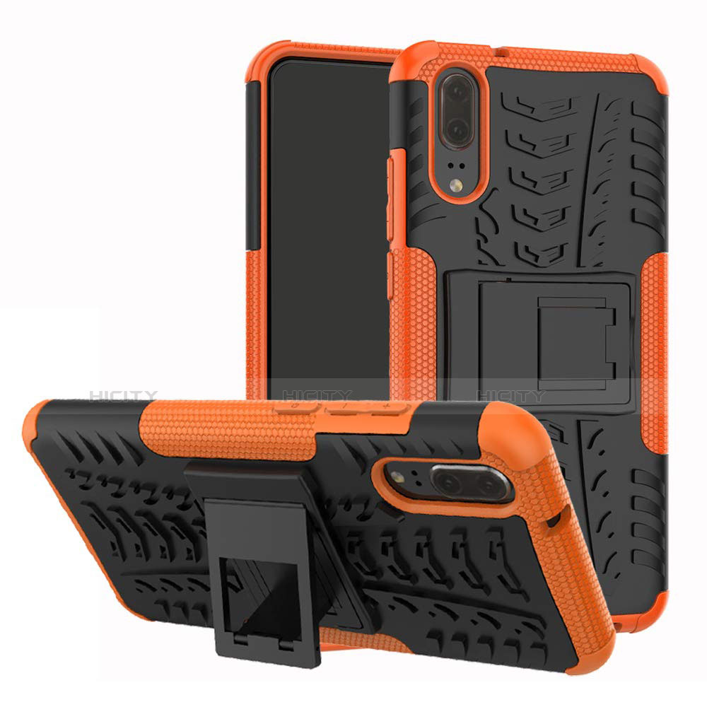 Huawei P20用ハイブリットバンパーケース スタンド プラスチック 兼シリコーン カバー A01 ファーウェイ オレンジ