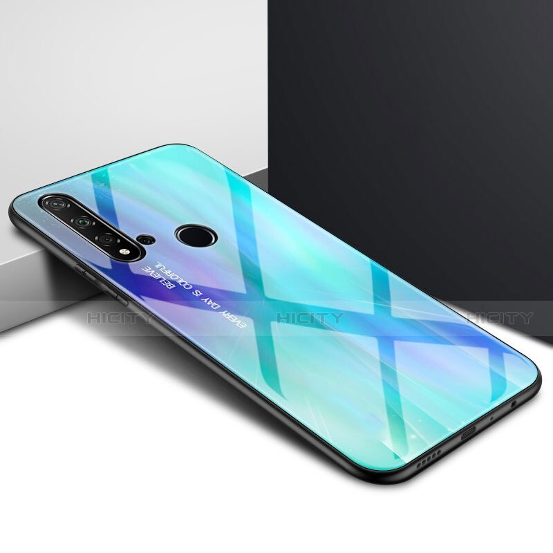 Huawei P20 Lite (2019)用ハイブリットバンパーケース プラスチック 鏡面 虹 グラデーション 勾配色 カバー H01 ファーウェイ シアン