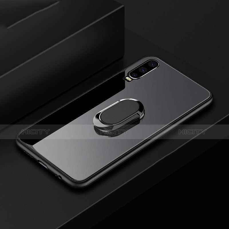 Huawei P30用ハイブリットバンパーケース プラスチック 鏡面 カバー アンド指輪 ファーウェイ ブラック