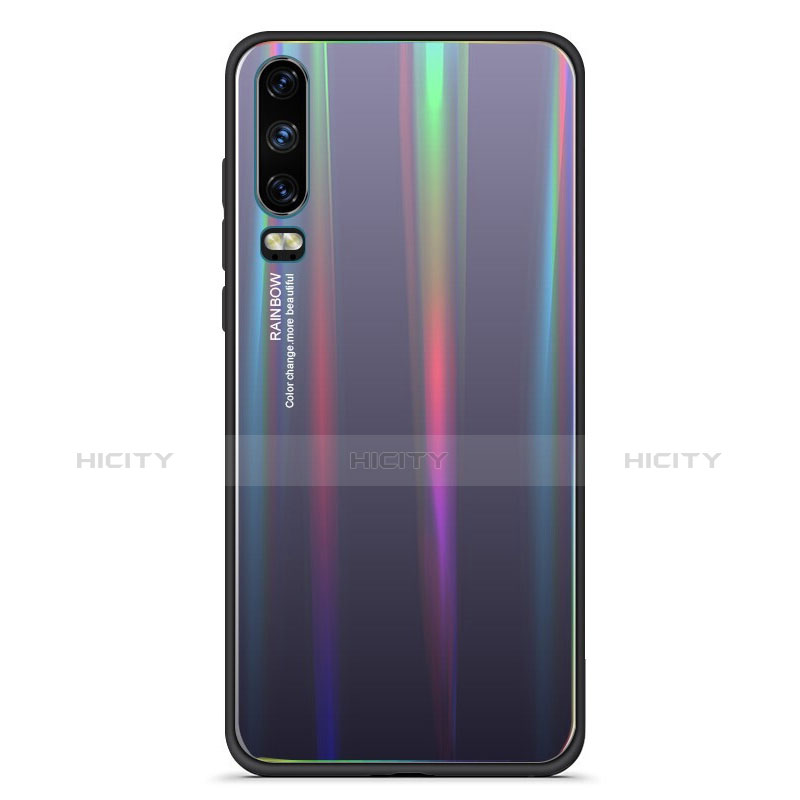 Huawei P30用ハイブリットバンパーケース プラスチック 鏡面 虹 グラデーション 勾配色 カバー M02 ファーウェイ ブラック
