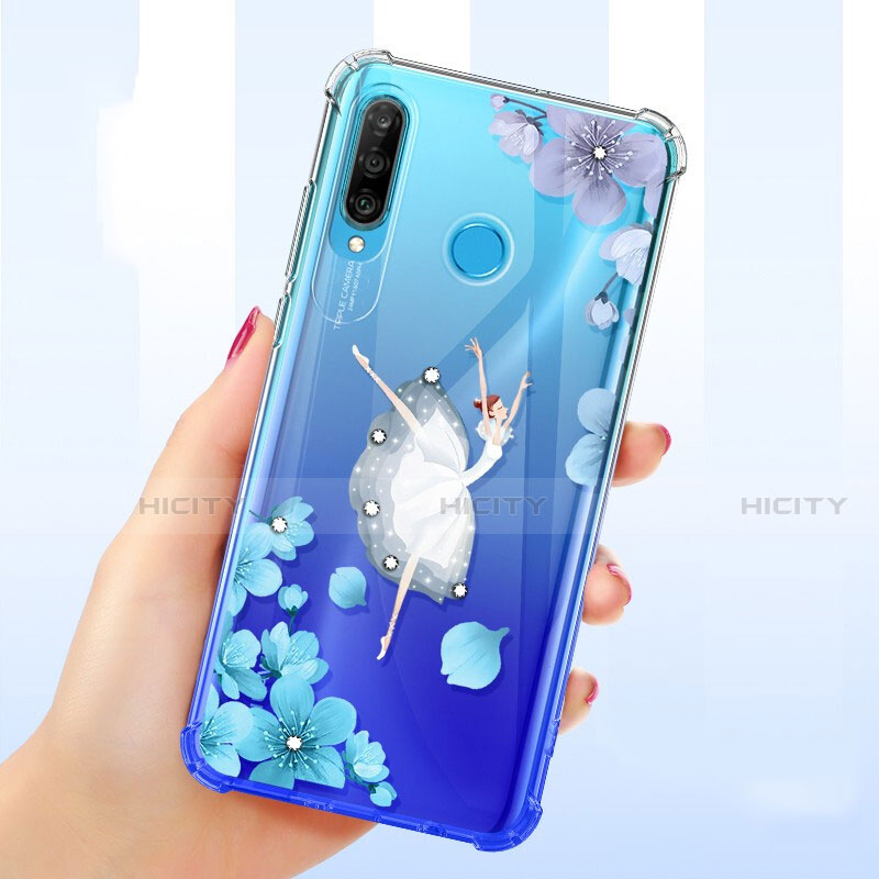 Huawei P30 Lite New Edition用極薄ソフトケース シリコンケース 耐衝撃 全面保護 クリア透明 花 ファーウェイ ネイビー