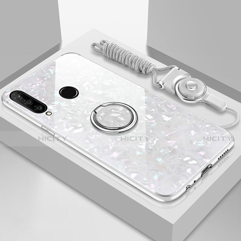 Huawei P30 Lite New Edition用ハイブリットバンパーケース プラスチック 鏡面 カバー アンド指輪 マグネット式 T01 ファーウェイ ホワイト