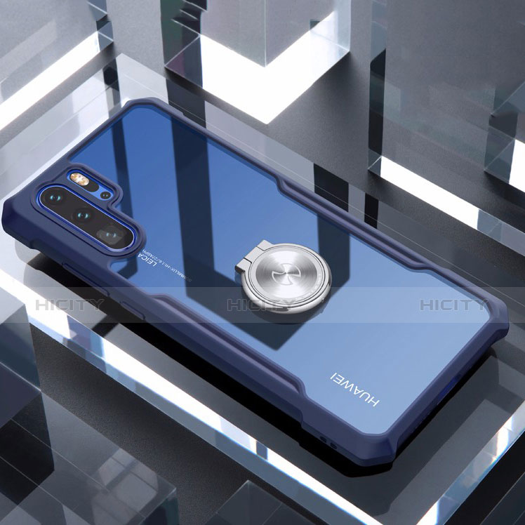 Huawei P30 Pro用360度 フルカバーハイブリットバンパーケース クリア透明 プラスチック 鏡面 アンド指輪 マグネット式 ファーウェイ ネイビー