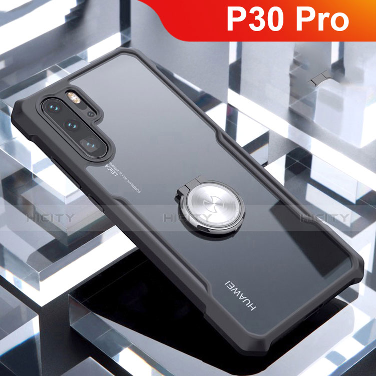 Huawei P30 Pro用360度 フルカバーハイブリットバンパーケース クリア透明 プラスチック 鏡面 アンド指輪 マグネット式 ファーウェイ ブラック