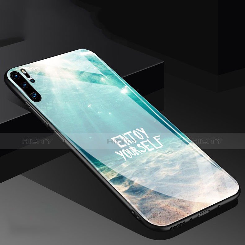 Huawei P30 Pro用ハイブリットバンパーケース プラスチック パターン 鏡面 ファーウェイ シアン