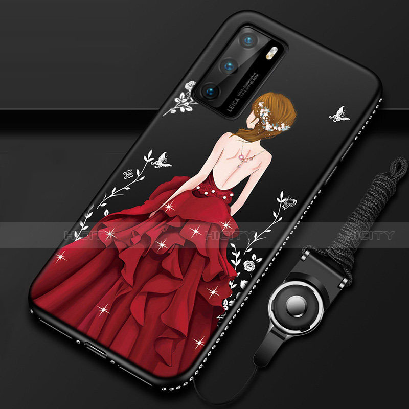 Huawei P40用シリコンケース ソフトタッチラバー バタフライ ドレスガール ドレス少女 カバー ファーウェイ レッド・ブラック