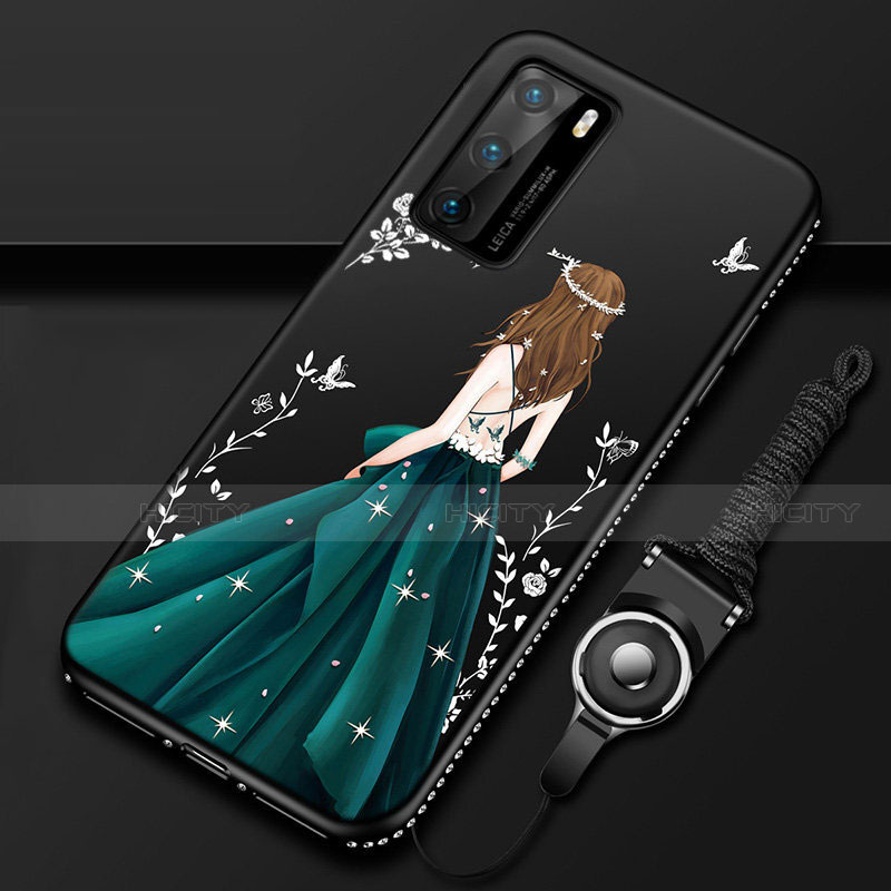 Huawei P40用シリコンケース ソフトタッチラバー バタフライ ドレスガール ドレス少女 カバー ファーウェイ グリーン