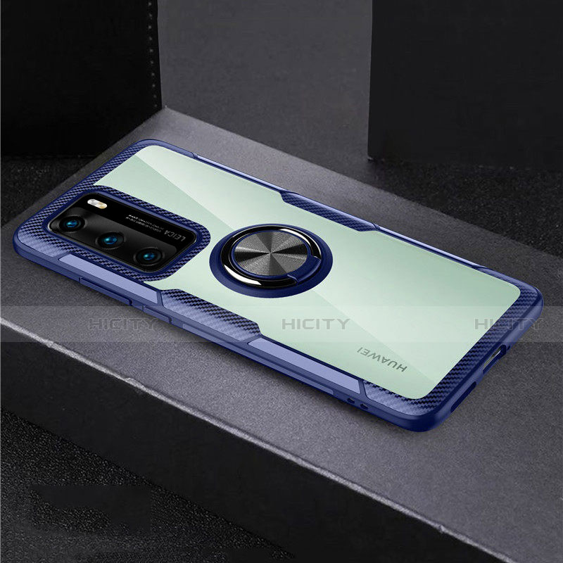 Huawei P40用360度 フルカバーハイブリットバンパーケース クリア透明 プラスチック 鏡面 アンド指輪 マグネット式 ファーウェイ ネイビー