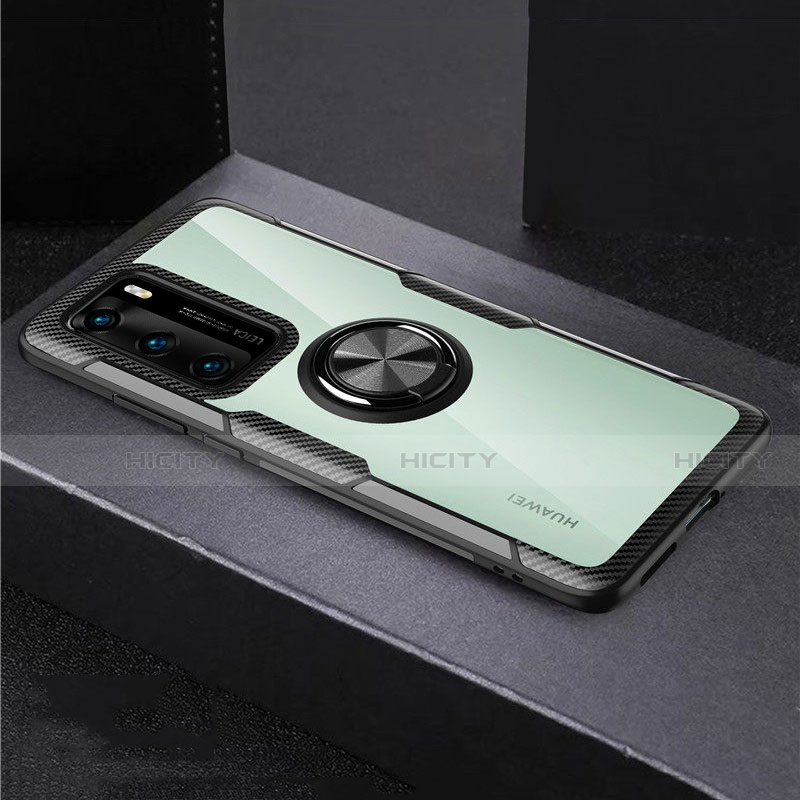 Huawei P40用360度 フルカバーハイブリットバンパーケース クリア透明 プラスチック 鏡面 アンド指輪 マグネット式 ファーウェイ ブラック