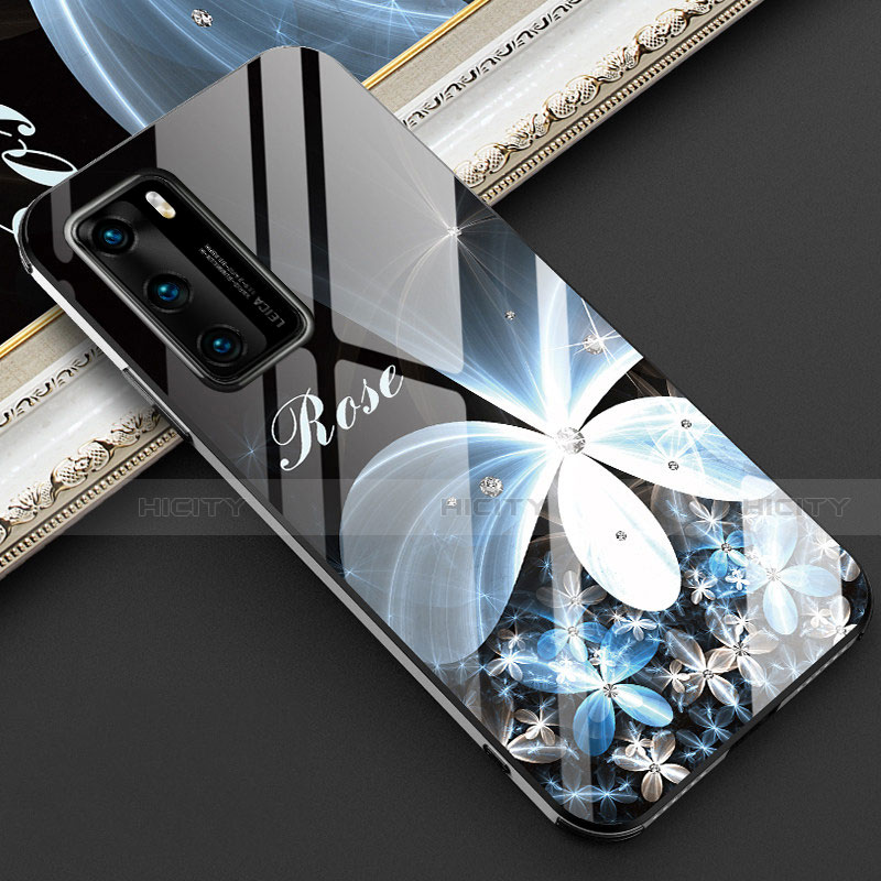Huawei P40用ハイブリットバンパーケース プラスチック 鏡面 花 カバー ファーウェイ ブラック