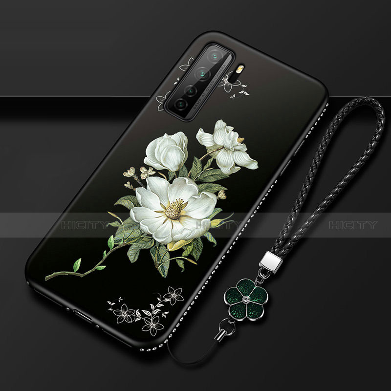 Huawei P40 Lite 5G用シリコンケース ソフトタッチラバー 花 カバー K02 ファーウェイ ホワイト