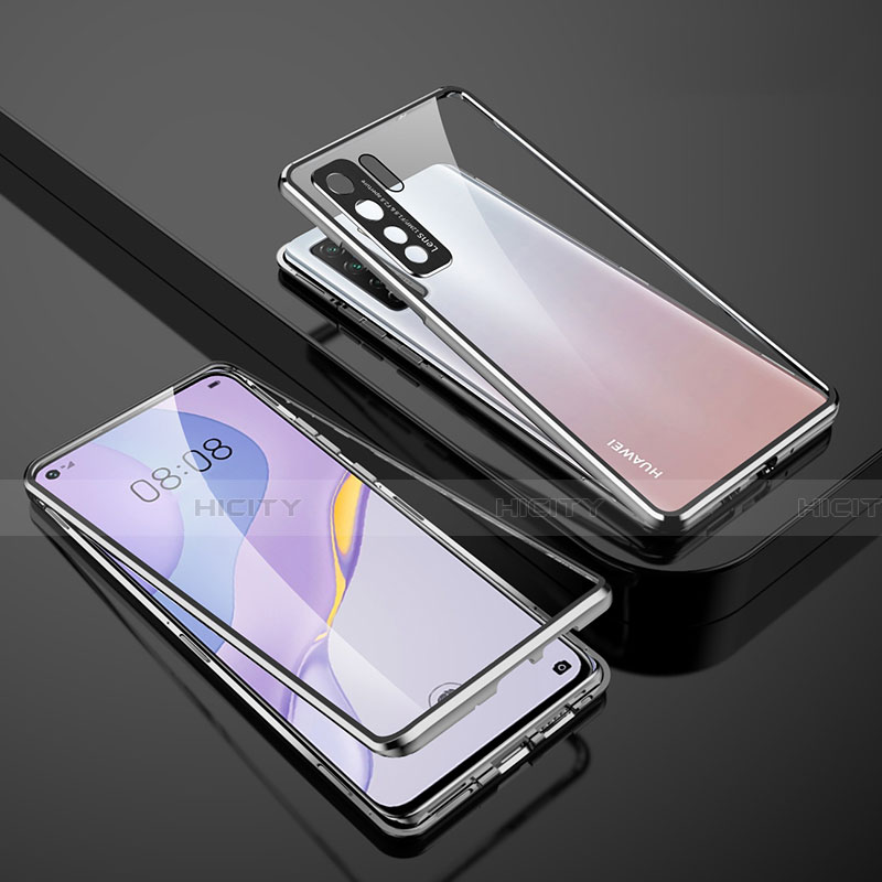 Huawei P40 Lite 5G用ケース 高級感 手触り良い アルミメタル 製の金属製 360度 フルカバーバンパー 鏡面 カバー M01 ファーウェイ シルバー