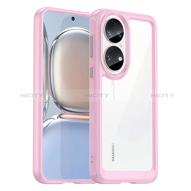 Huawei P50 Pro用ハイブリットバンパーケース クリア透明 プラスチック カバー J01S ファーウェイ ピンク