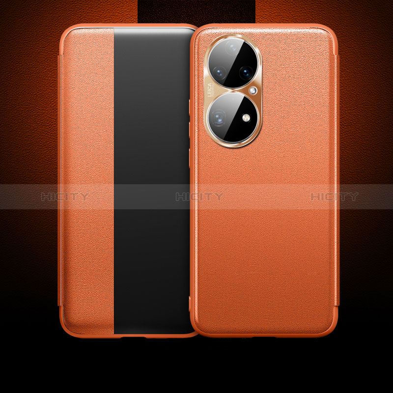 Huawei P50 Pro用手帳型 レザーケース スタンド カバー QK1 ファーウェイ オレンジ