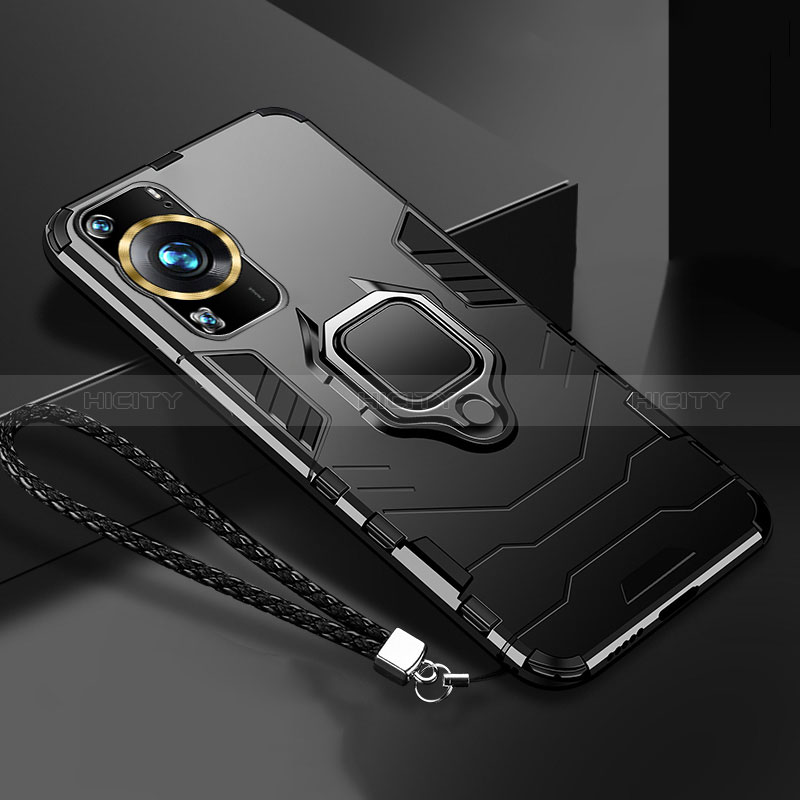 Huawei P60用ハイブリットバンパーケース プラスチック アンド指輪 マグネット式 R01 ファーウェイ ブラック