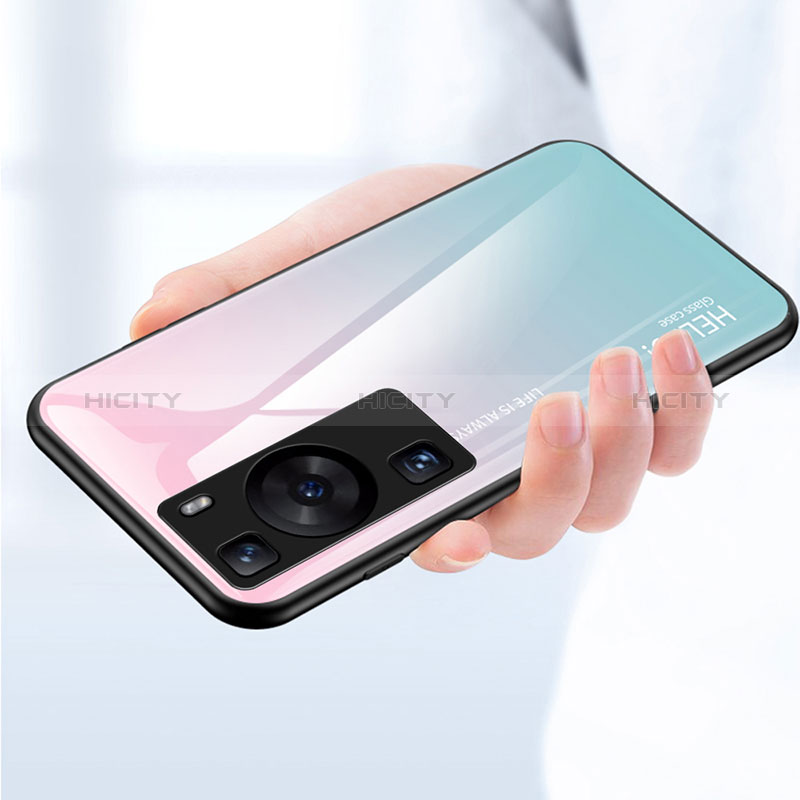 Huawei P60 Pro用ハイブリットバンパーケース プラスチック 鏡面 虹 グラデーション 勾配色 カバー LS1 ファーウェイ 