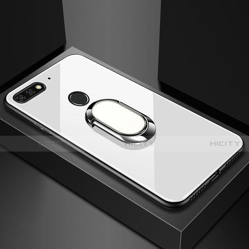 Huawei Y6 Prime (2018)用ハイブリットバンパーケース プラスチック 鏡面 カバー アンド指輪 マグネット式 ファーウェイ ホワイト